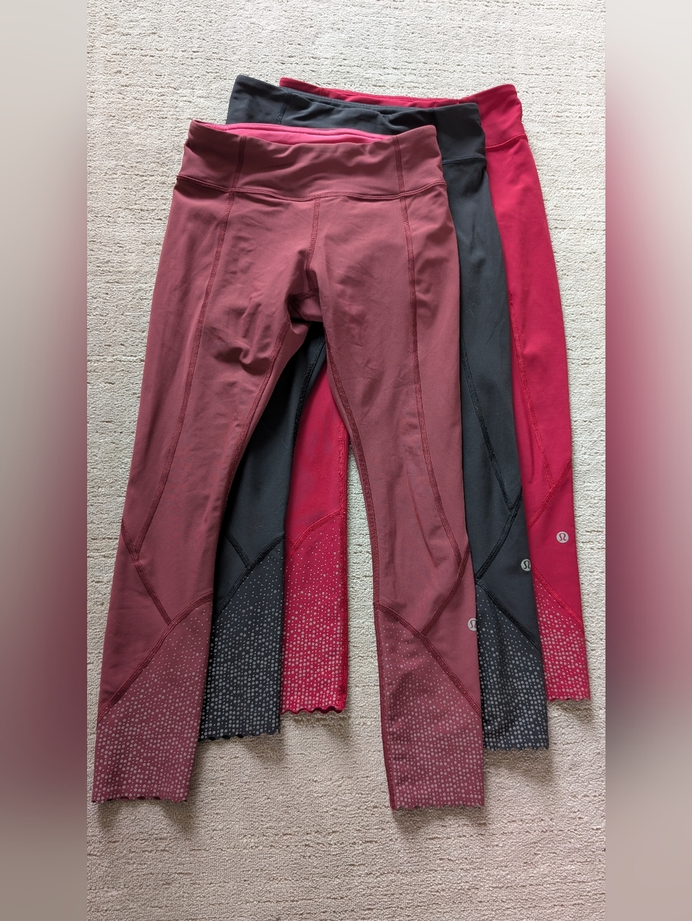 Lululemon Tight Stuff Leggings Scalloped Cropped Lot Of 3 Pairs Black Red Wine